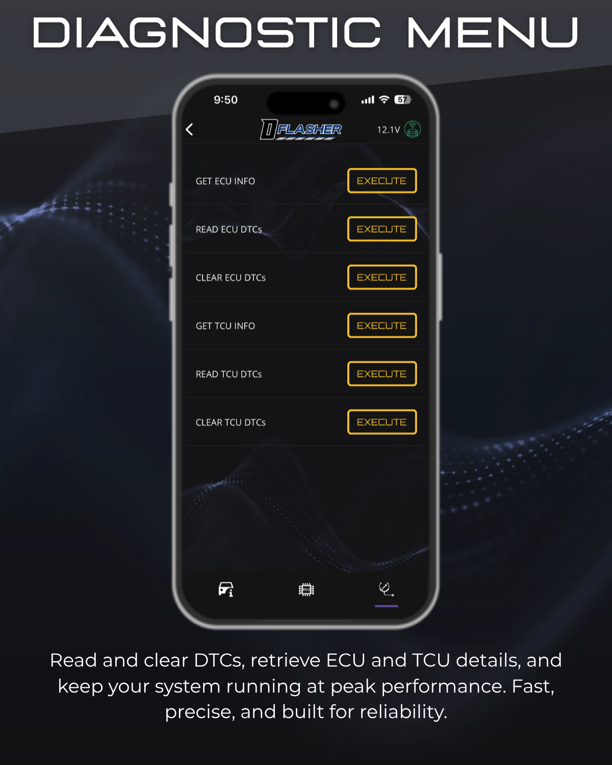 DFlasher Diagnostic Menu — read and clear DTCs, ECU and TCU info