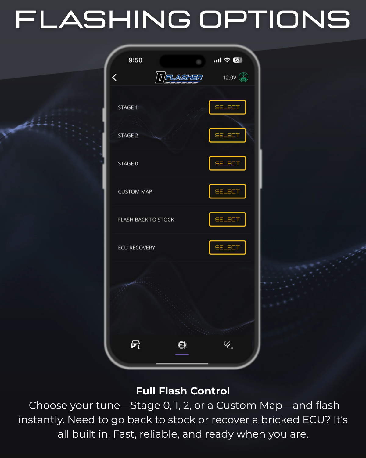 DFlasher Flashing Options — Stage 1, 2, Custom Map, Flash Back to Stock, ECU Recovery