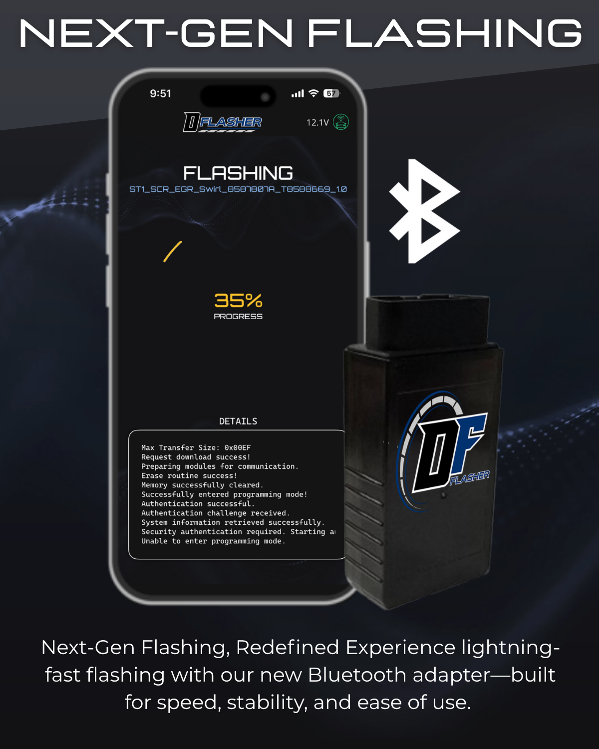 DFlasher Next-Gen Flashing — lightning-fast wireless ECU flashing via Bluetooth adapter