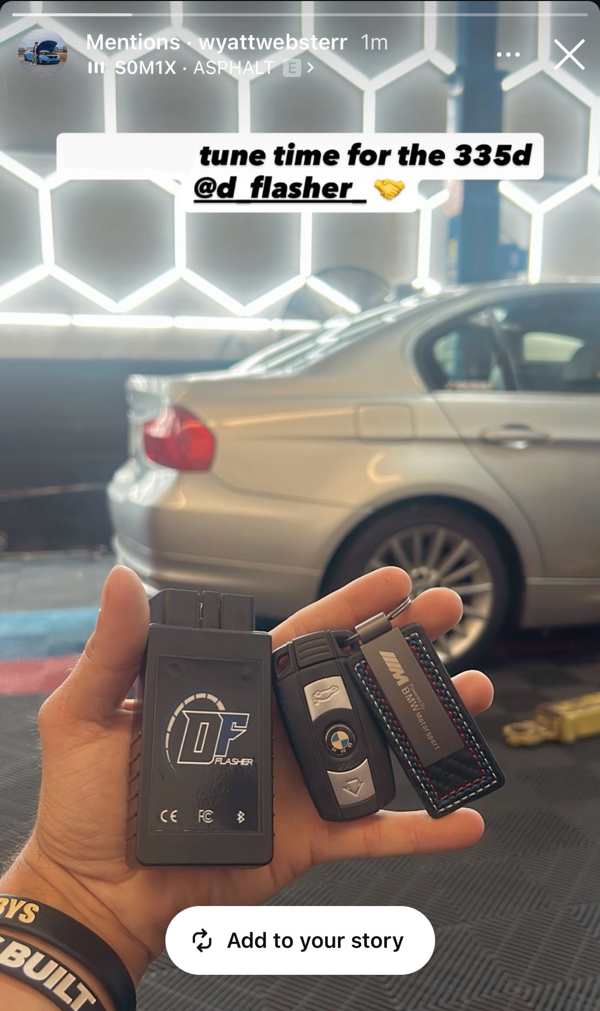 Instagram story: tune time for the 335d with DFlasher adapter and BMW key